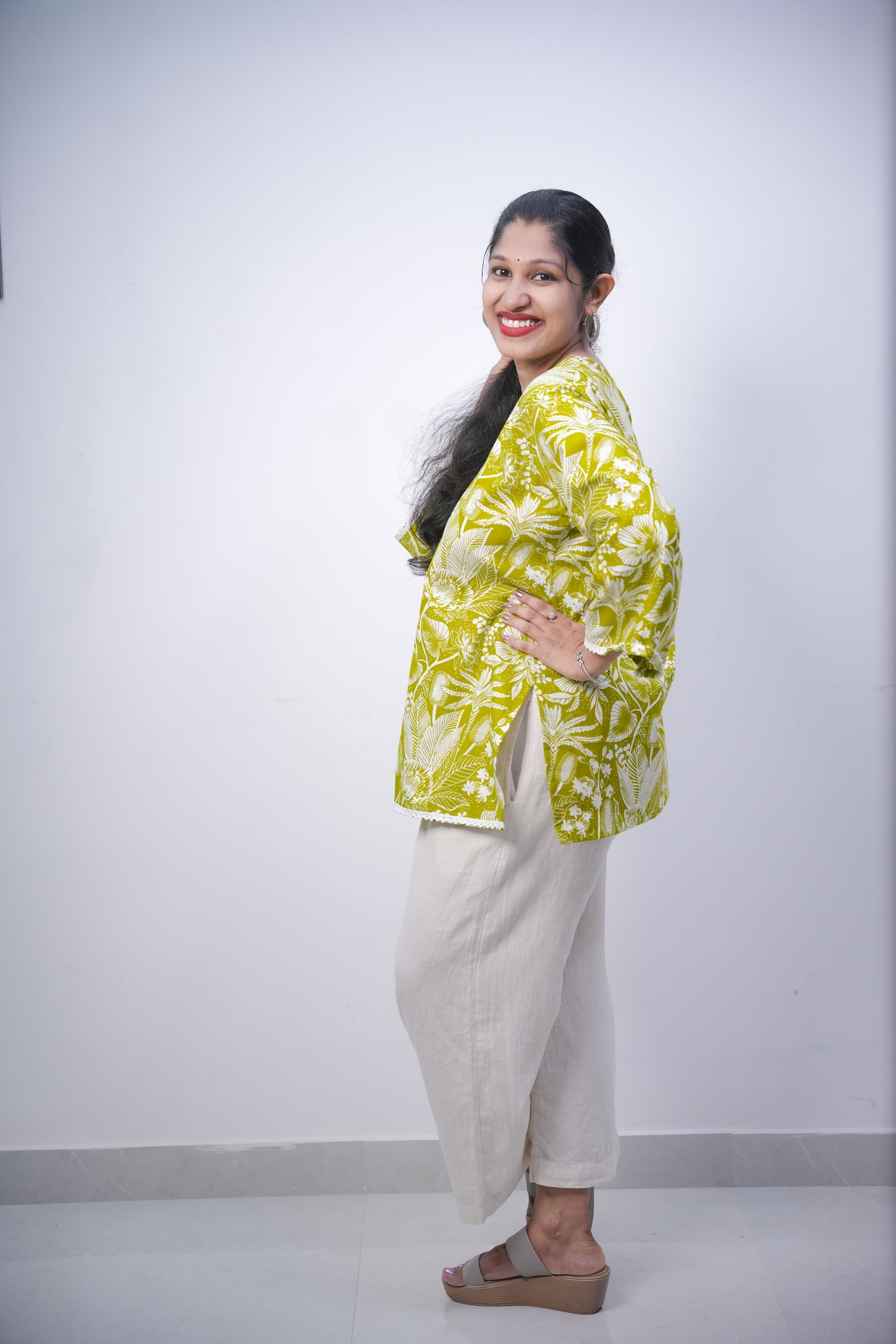 Lime Green Floral Print Cotton Short Kurt